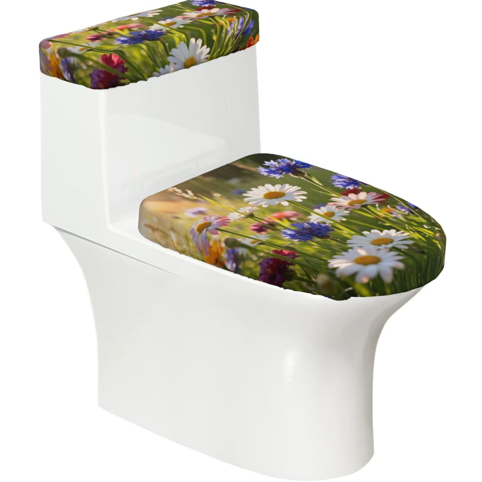 Wild Flower Meadow Elastic Toilet Cover Set of 2-Stretchy Lid and Tank Covers for Bathroom, Soft Washable U Shape Toilet Decor