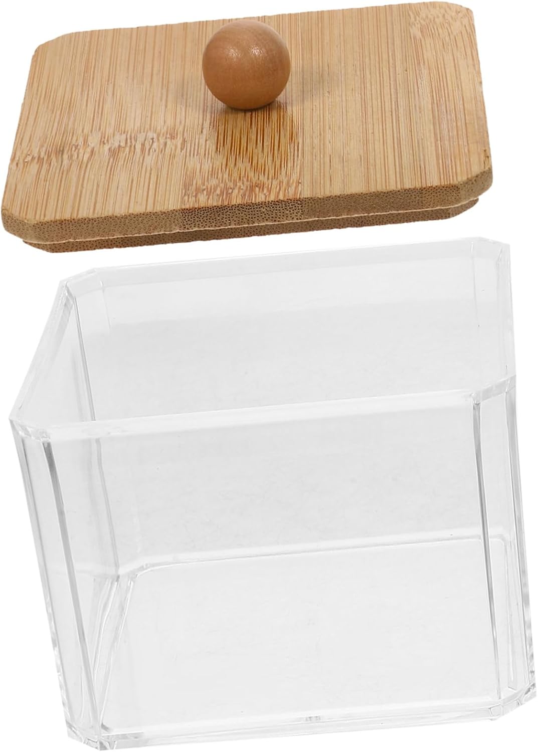Cabilock Transparent Cotton Pads Holder with Wooden Lid Stylish Vanity Organizer for Cotton Swabs and Makeup Pads Space Saving Design for Tidy Storage and Easy to Clean