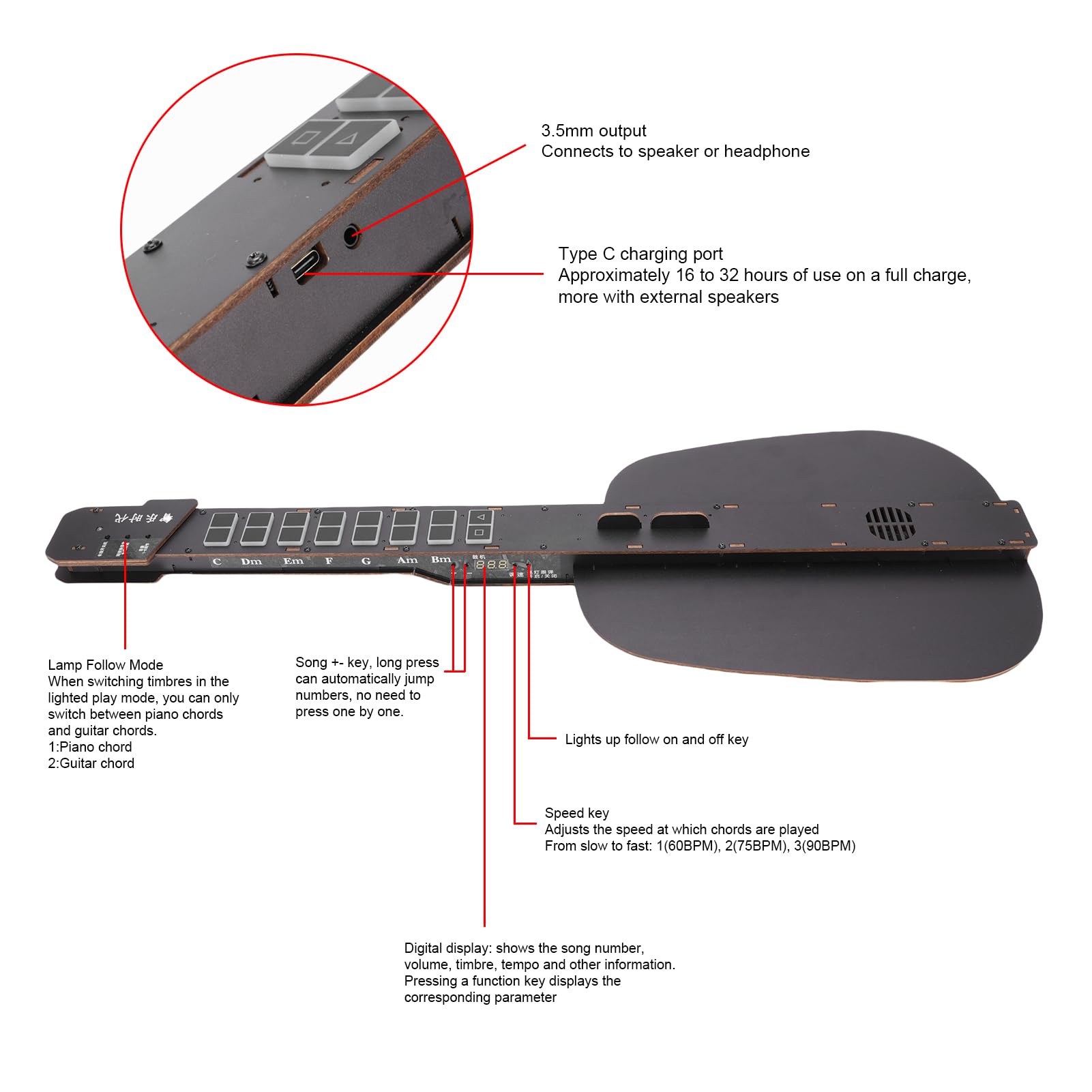 Stringless Smart Guitar, Drewniane 6 Instrument Dźwięki, Przenośna Gitara Elektryczna Typu C dla Dorosłych Nastolatków, dla Różnorodnych Stylów Muzycznych