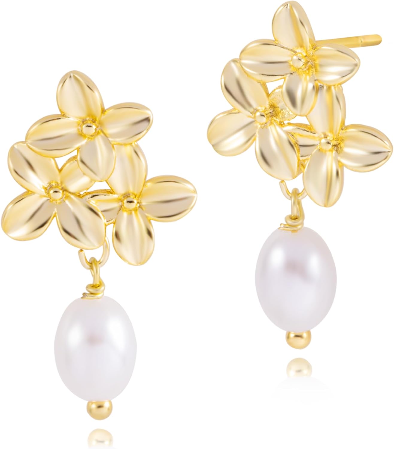 Gold Pearl Flower Stud Earrings for Women Dangling, 14k Gold Plated Small Dainty Pearl Drop Earrings Studs Pearl Dangle Dangly Earrings for Women Gold Jewelry Non Tarnish - Image 5