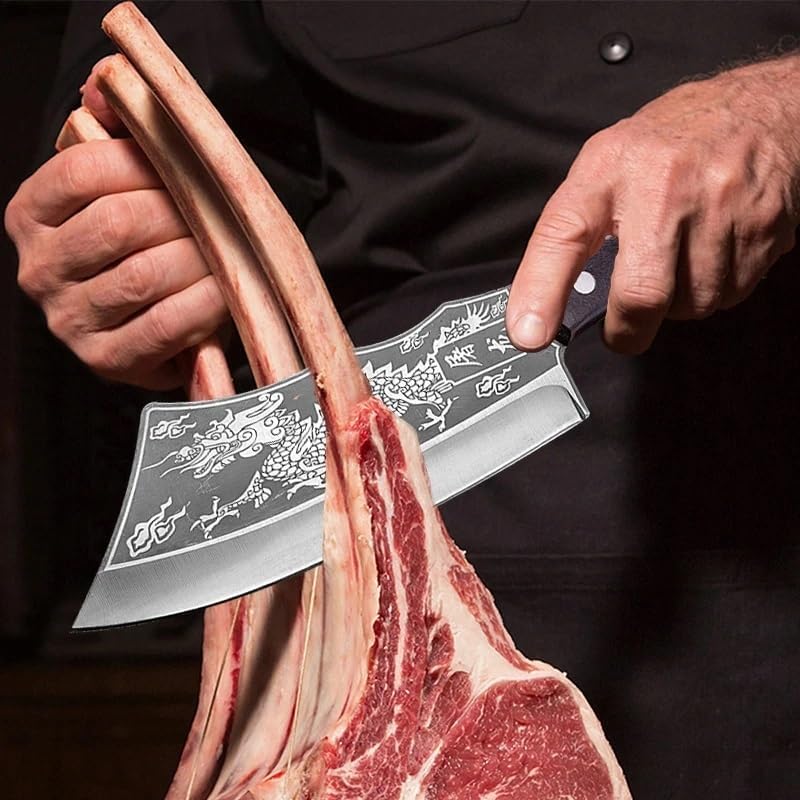 Meat Cleaver,Cleaver Knife 8 Inch Forged Kitchen Chef Knife High Carbon Steel Meat Vegetable Slicing Knife Professional Butcher Chop Bone Cleaver Knife With Cover