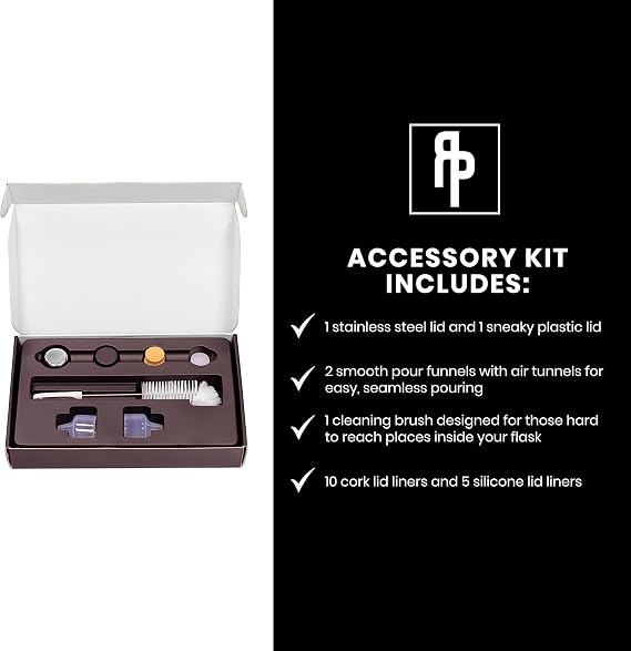 Ragproper Glass Flask Accessory Kit - Cleaning Set with Cleaning Brush, Silicone & Cork Lid Liners, Stainless Steel & Plastic Lids & Smooth Pour Funnels (Single Shot, 100mL)