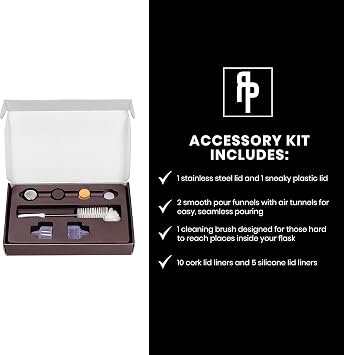 Ragproper Glass Flask Accessory Kit - Cleaning Set with Cleaning Brush, Silicone & Cork Lid Liners, Stainless Steel & Plastic Lids & Smooth Pour Funnels (Single Shot, 100mL)