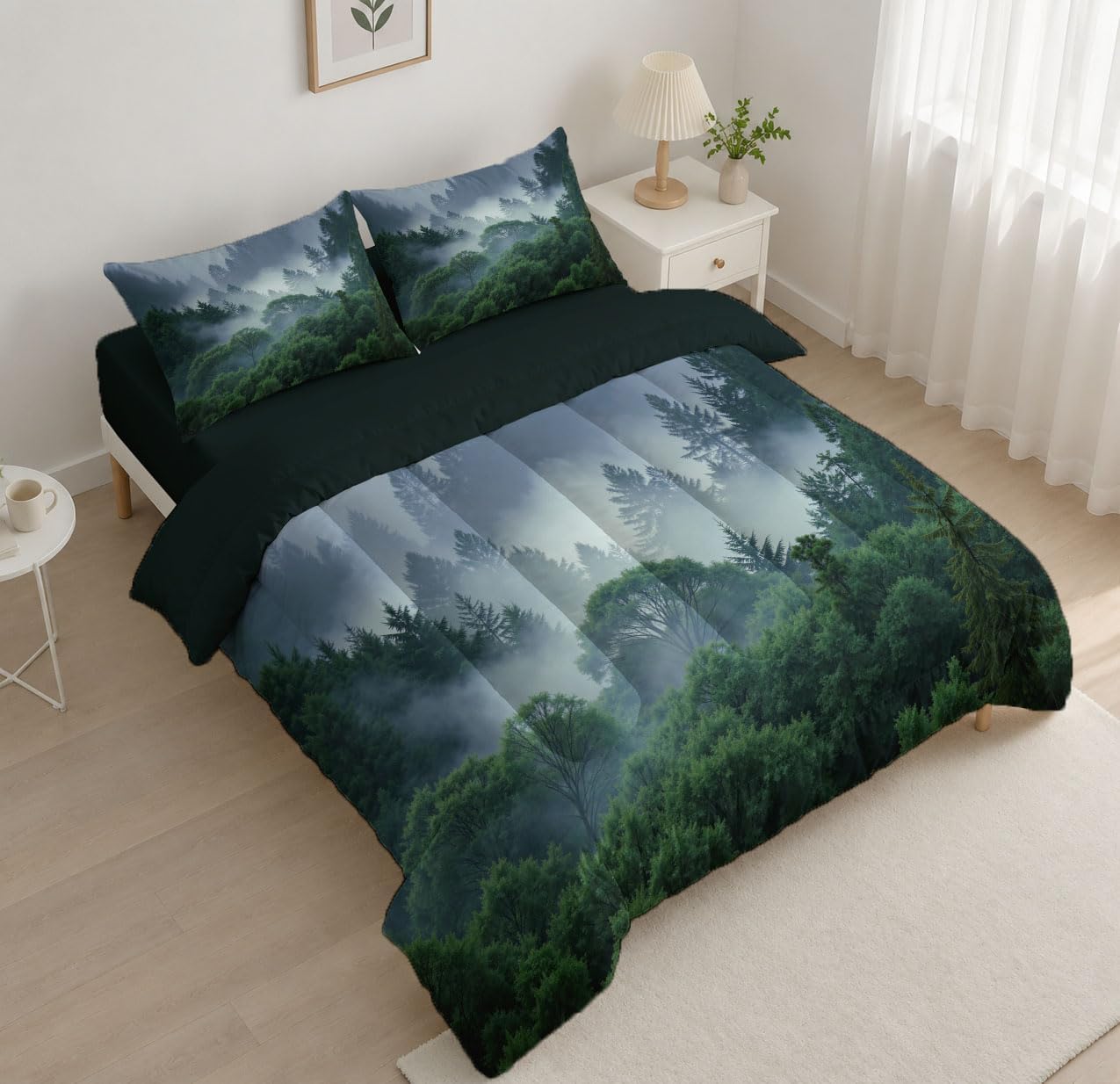 Natural Scenery Comforter Set Queen Size, Dense Forest Print Breathable Bedding Set for Girls Boys Teens, Dark Green Quilt Duvet with 2 Pillow Cases