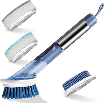 MASTERTOP Dish Brush with Soap Dispenser, 4 in 1 Soap Dispensing Dish Brush for Kitchen Pot Pan Sink Cleaning, Washing Up Brush with 4 Interchangeable Brush Heads