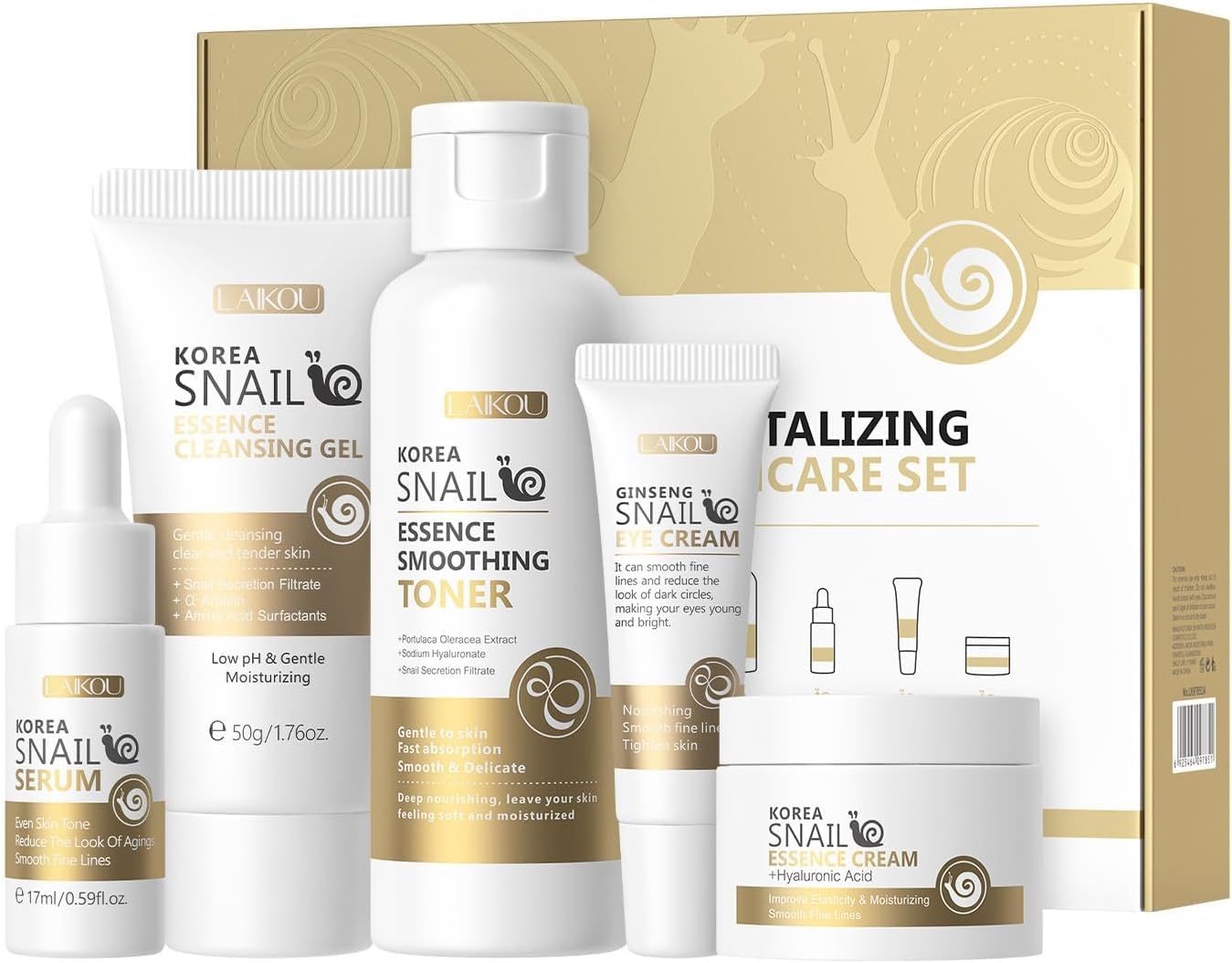 NALACAL Korean Snail Skin Care Set - All About Snail Mucin Kit, Travel-Friendly Skin Care Kit with Cleanser, Toner, Serum, Eye Cream, Face Cream, Facial Kit for Women & Girls Hydrating Skin (5Pcs)