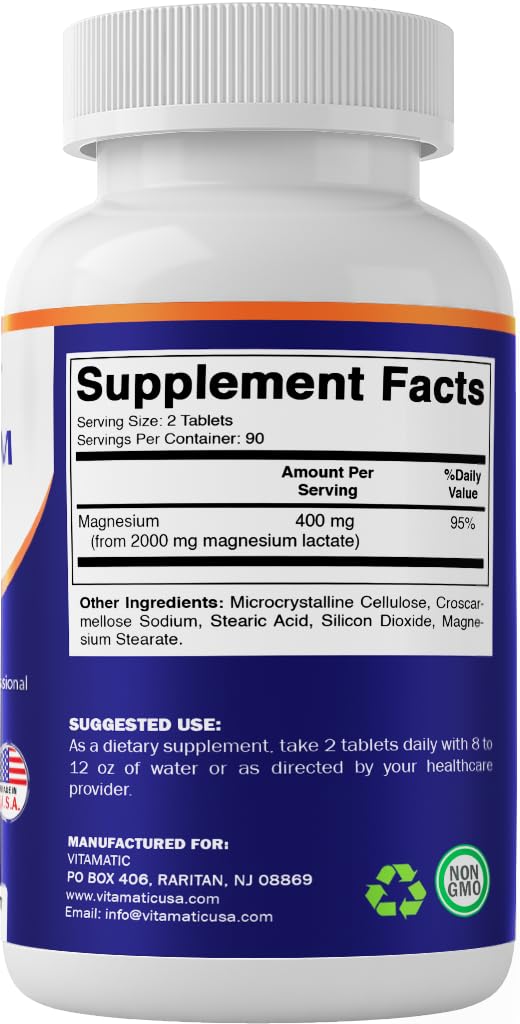 Vitamatic Magnesium Lactate 2000mg per Serving – 180 Tablets – Supports Muscle, Heart, Bone & Nervous System Health* – Non-GMO, Gluten Free, No Artificial Additives — Amazon image 8