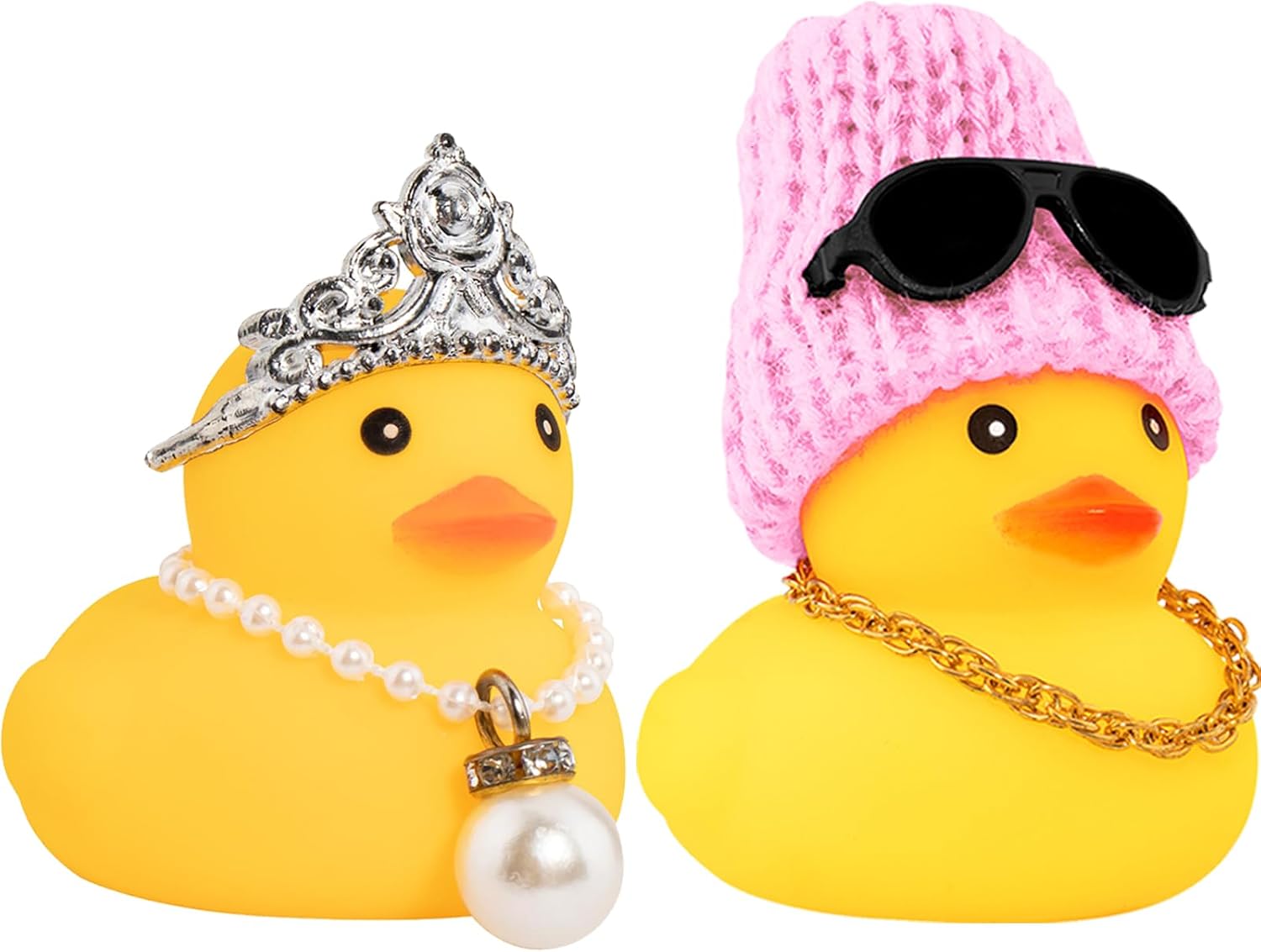 wonuu 2Pcs Car Rubber Duck for Dashboard Decorations with Propeller Crown/Knitted Hat Sunglasses Necklace Cars Accessories Yellow Ducks Car Ornament, Crown+Pink