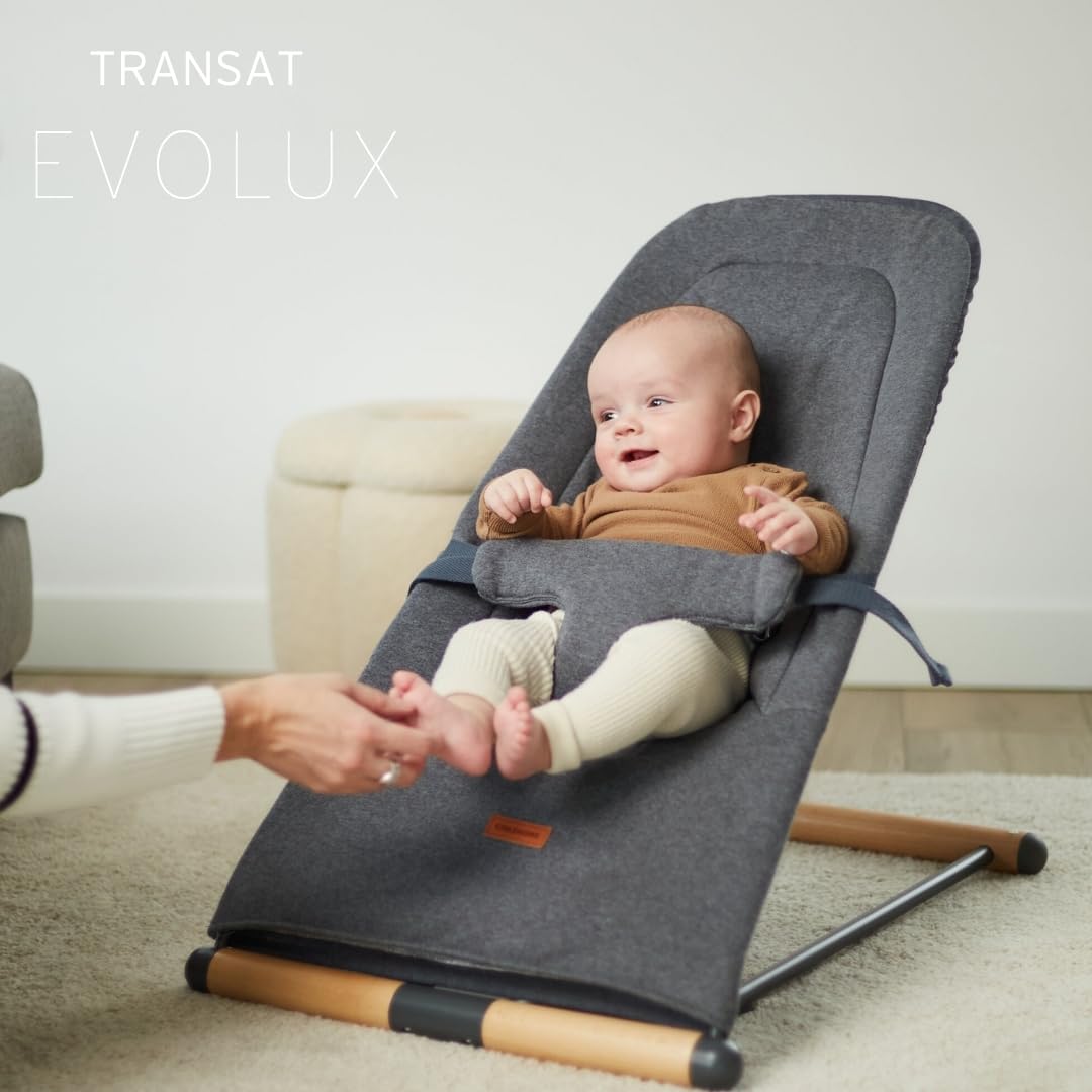CHILDHOME, Transat Bébé Enfant Pliable, 3 inclinaisons 1 Bouton, Oekotex, Ultra Compact, Fin, Epaisseur 5cm, Confortable, Harnais 3 Points, 0 à 15kg, Unisexe, Housse Transport, Evolux, Anthracite