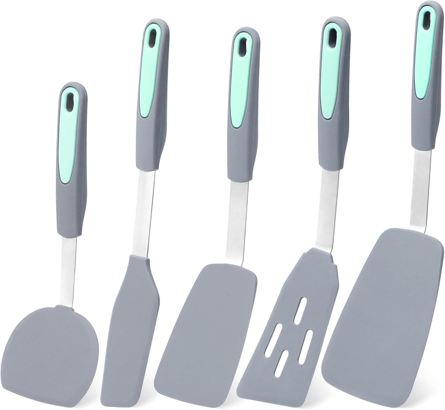Tongjude 5 Pieces Silicone Spatula Set, Heat Resistant Non-Stick Kitchen Utensils, Silicone Turner Spatulas for Cooking, Frying & Pancake, Light Grey