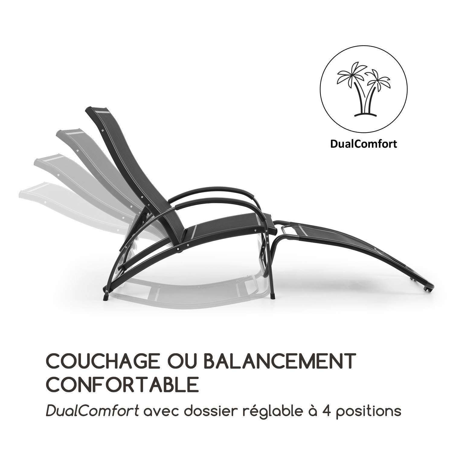 blumfeldt Beverlywood - Chaise Longue, Fauteuil à Bascule, Facile à Nettoyer, Cadre en Aluminium, Design Ergonomique, Comfort Mesh Respirant, 4 Positions, Noir