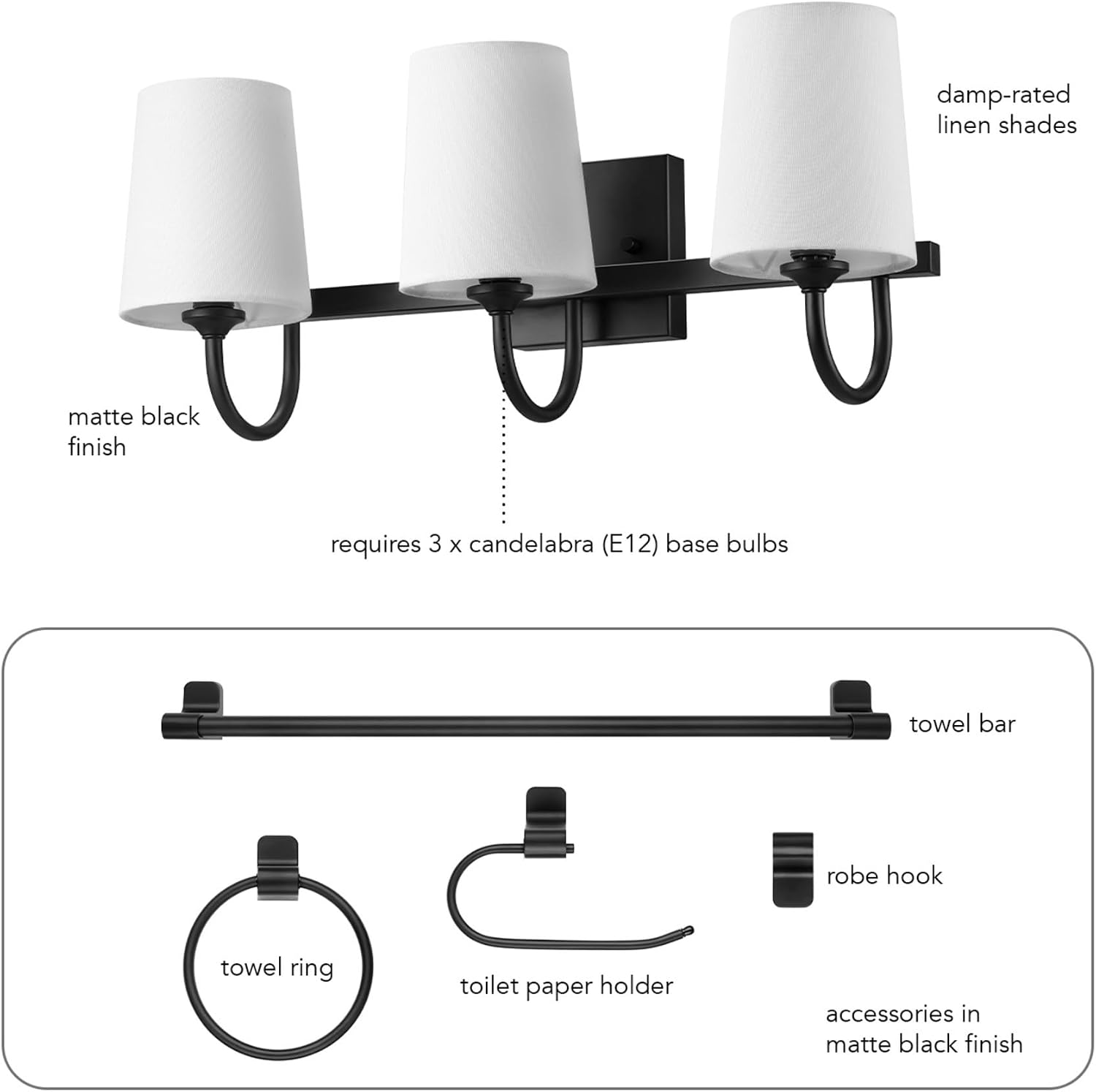 Globe Electric 91009586 Clarissa Bathroom Vanity Set - 3 Light 22" Wide Vanity Light, Towel Bar, Robe Hook, Toilet Paper Holder, and Towel Ring Included - Matte