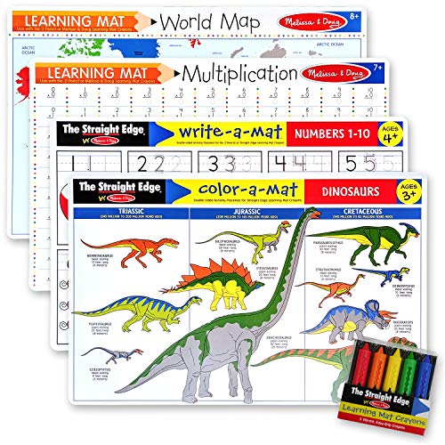 Melissa & Doug Multiplication, Dinosaurs, Numbers 1-10, World Map: Learning Mat Bundle with Compatible M&D Crayon Bundle with 1 Theme Compatible M&D Scratch Art Mini-Pad (05008)