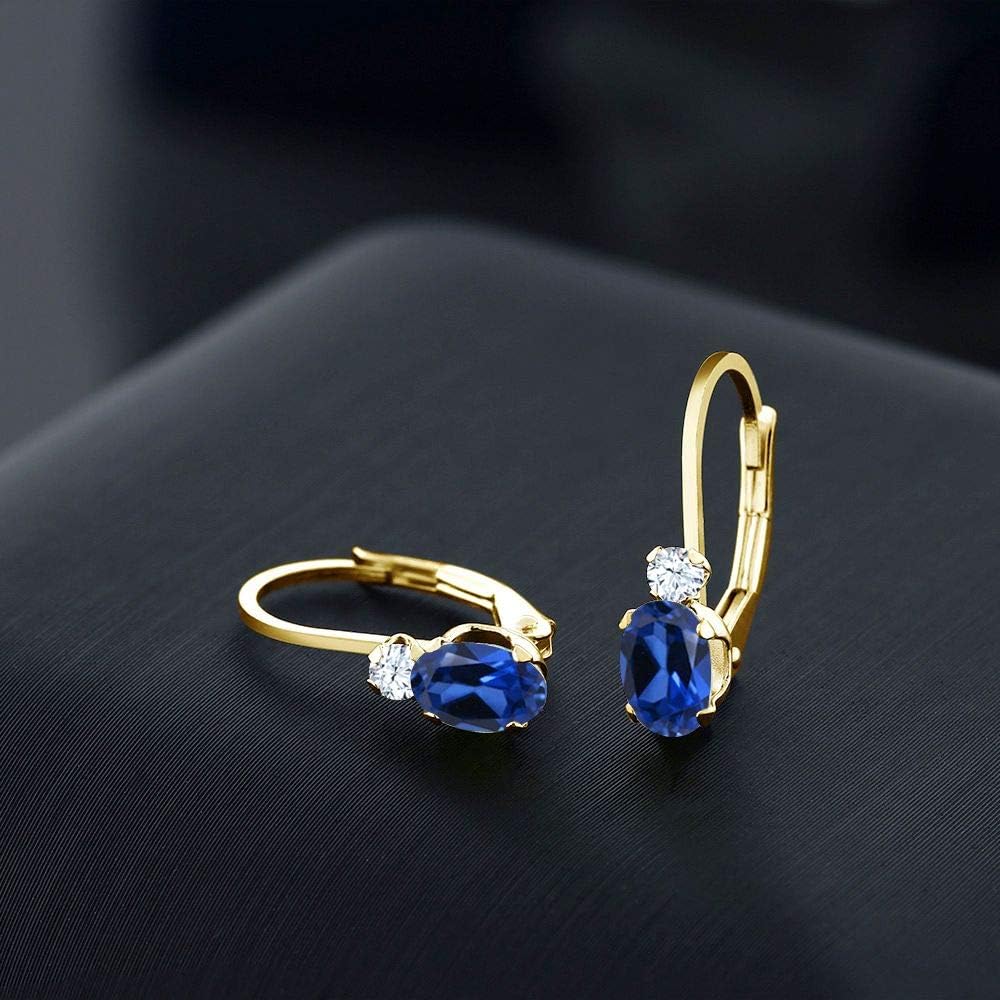Gem Stone King 14K Yellow Gold Blue Created Sapphire and White Created Sapphire Leverback Earrings For Women | 1.08 Cttw | Gemstone September Birthstone | Oval 6X4MM, Round 2MM | 3/4 Inch