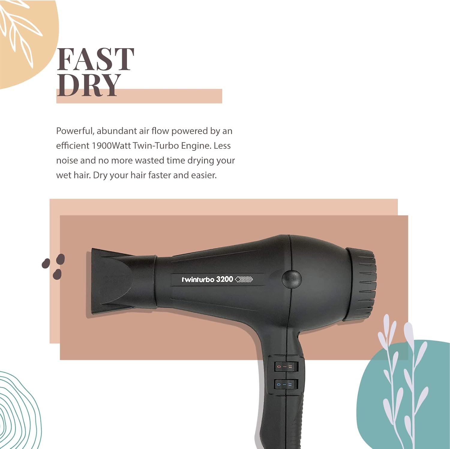 Turbo Power 3200 Black Twin Turbo Hair Dryer with Hair Brush RPM 12 for Smooth, Soft, Silky Hair