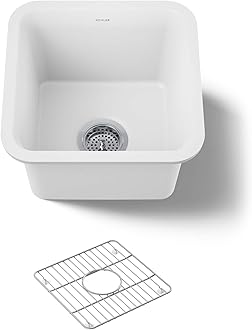 KOHLER K-8223-CM6 Cairn 15.5" Neoroc Composite Undermount Single-Bowl Bar Sink, Composite Bar Sink with Sink Rack, Matte White