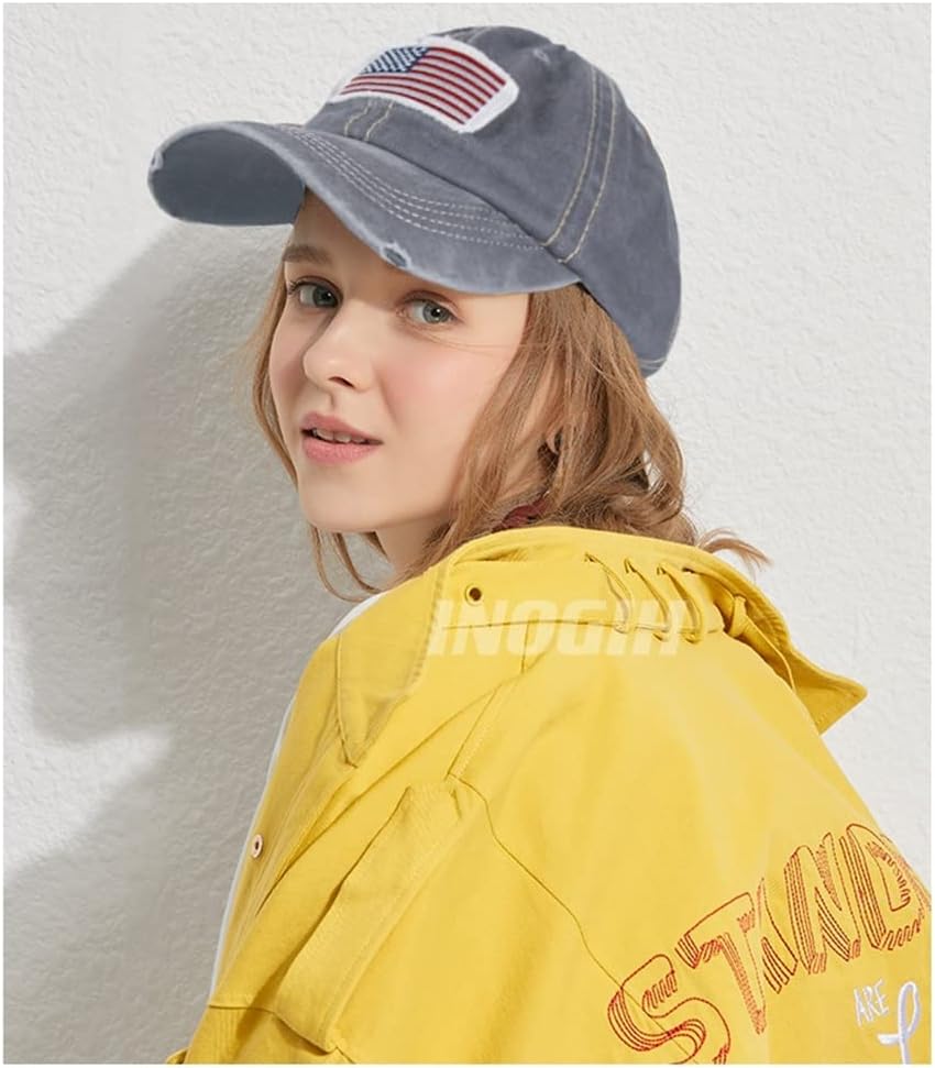 INOGIH Women American Flag Ponytail Hat Embroidery Washed-Cotton Messy Bun Baseball-Cap Adjustable - Image 6