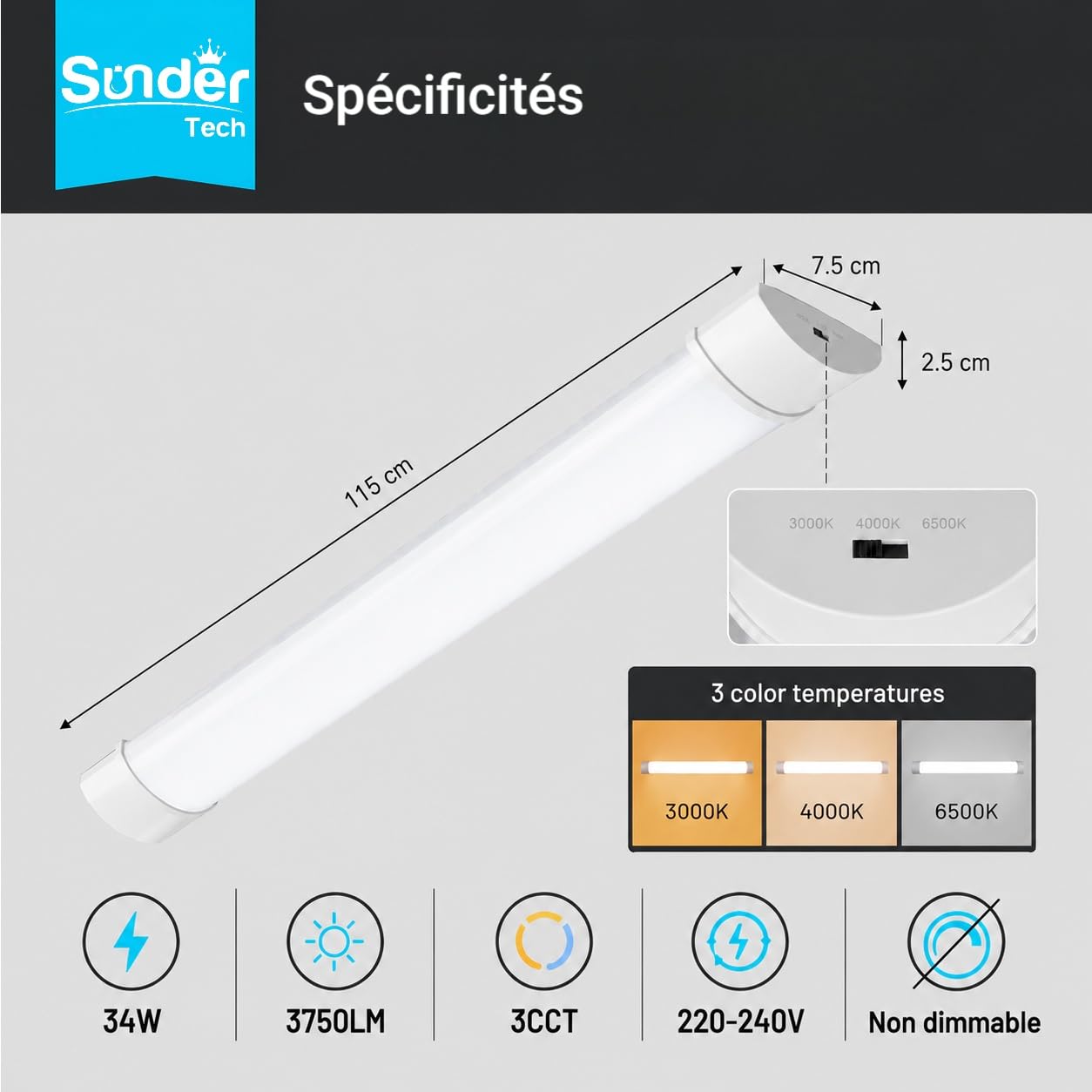 Lot de 2 Neon LED 115 cm, Reglette LED 3CCT Réglable 3000K/4000K/6500K, Luminaires Intérieur Tube pour Garage