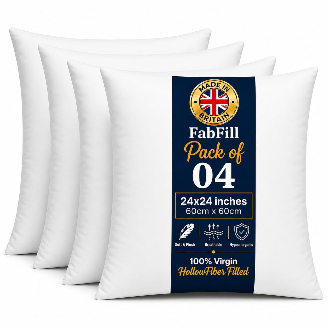 FabFill Cushion Inserts 60x60cm (24x24inch), Hollow Fibre Cushion Pads, Soft Fluffy Square Pillow Fillings for Sofa, Bedroom & Home Decoration, Made in UK (60x60cm(24x24), Set of 4)