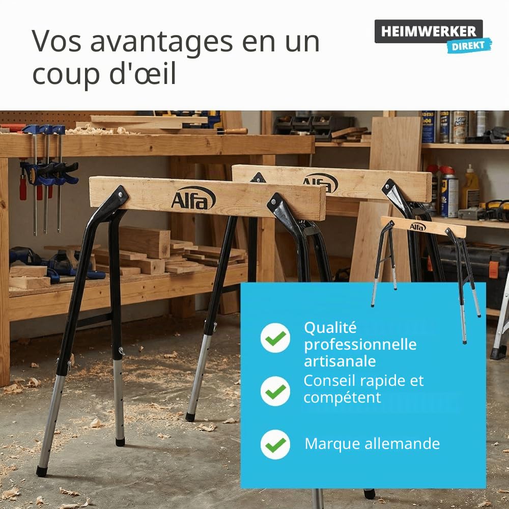 Alfa Tréteaux de chantier pliants – Supports de travail – 2 pièces | Tréteaux de travail réglables en hauteur en acier robuste et bois, charge maximale : 300 kg, pratique et peu encombrant