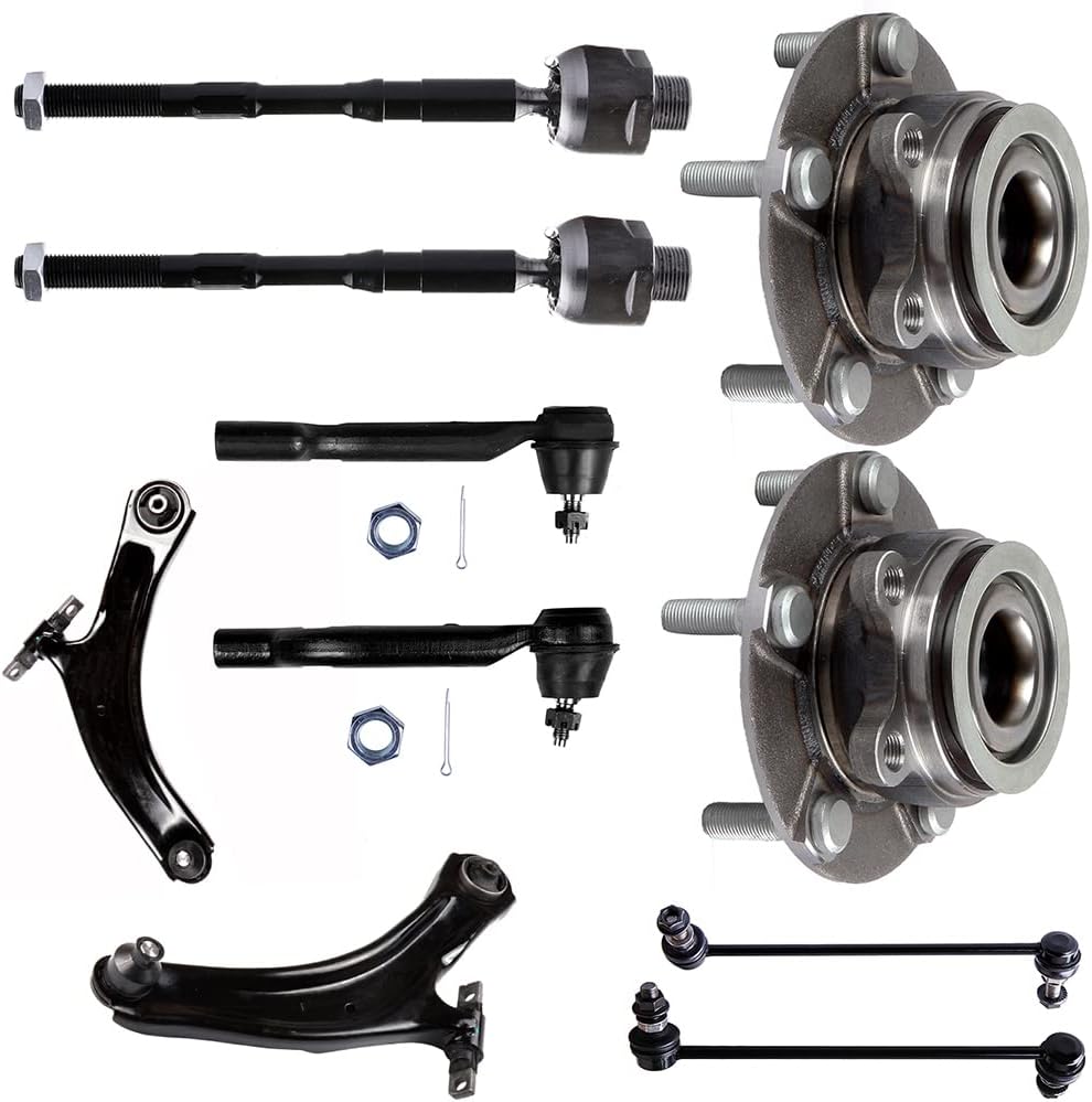 10PCS ASTOU Front Suspension Kit fit 2010-2012 for Nissan Sentra 2008-2013 for Nissan Rogue Lower Control Arm W/Ball Joint Wheel Hub Bearing Inner Outer Tie Rod End Sway Bar Link