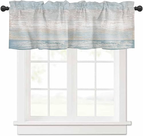 Cenefas Degradadas Azul Aguamarina Tratamiento de Ventanas Decoración de Granja, Cenefas Vintage Pastorales con Bolsillo para Barra de Madera Azul