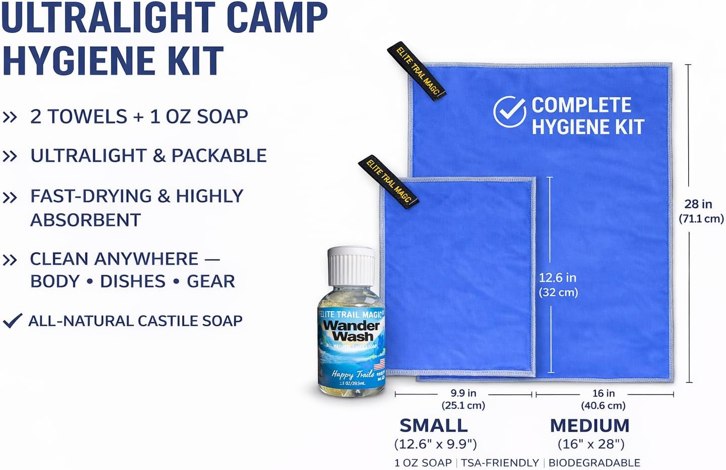 Ultralight Camping Hygiene Kit – Backpacking Towel Set (2 Quick Dry Microfiber Towels) + 1 oz Biodegradable Camp Soap – Compact Travel & Hiking Essentials