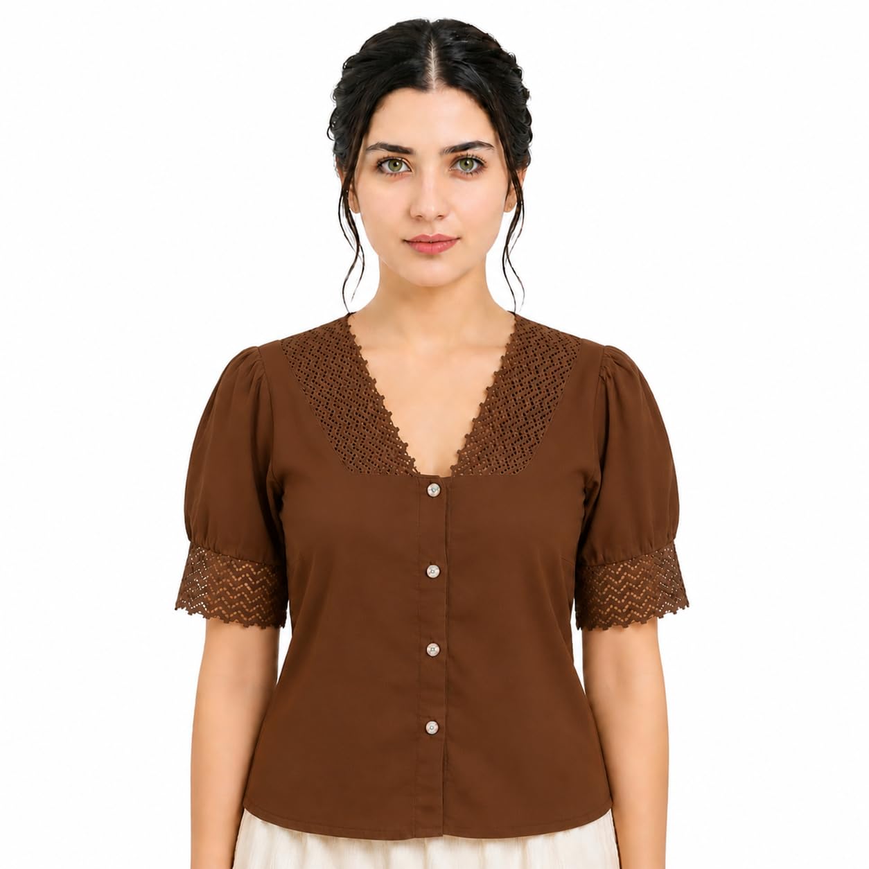 muhib Women's V-Neck Lace Trim Top | Puff Sleeve Button-Down Blouse | Stylish Casual Summer Wear Ladies Top-picture-43