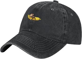 Black Little Monkey Sleeping on a Banana Pattern Washed Cowboy Baseball Cap for Adults - Stylish and Breathable Hat