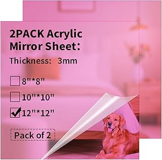 Mirror Acrylic Sheets 1/8 ” Thick - 2 Pack 12 x 12 inch Muliticolored Plexiglass Panels Blanks for Laser Cutting and Engraving for DIY Crafts Projects,Pink