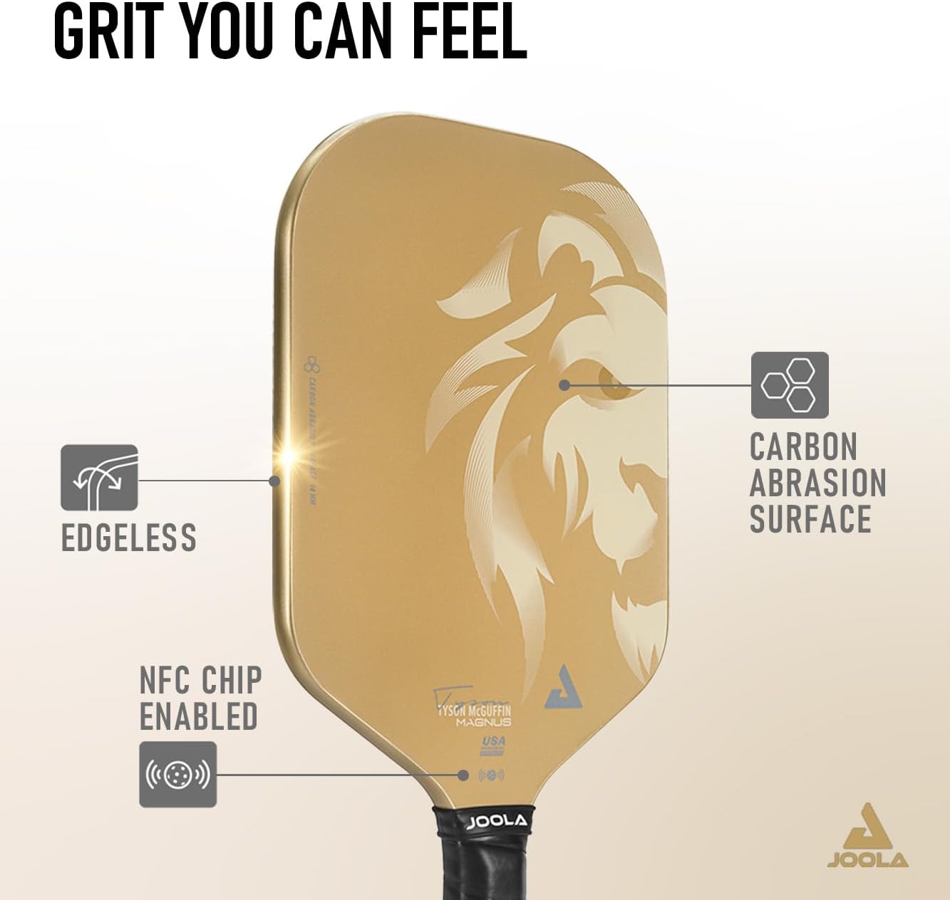 JOOLA Magnus CAS 14mm Pickleball Paddle - Gold Tyson McGuffin Lion Paddle - Edgeless Design & Short Handle - Lightweight Double Frame Carbon Fiber Core - Extra Long Length - Carbon Surface Adds Spin