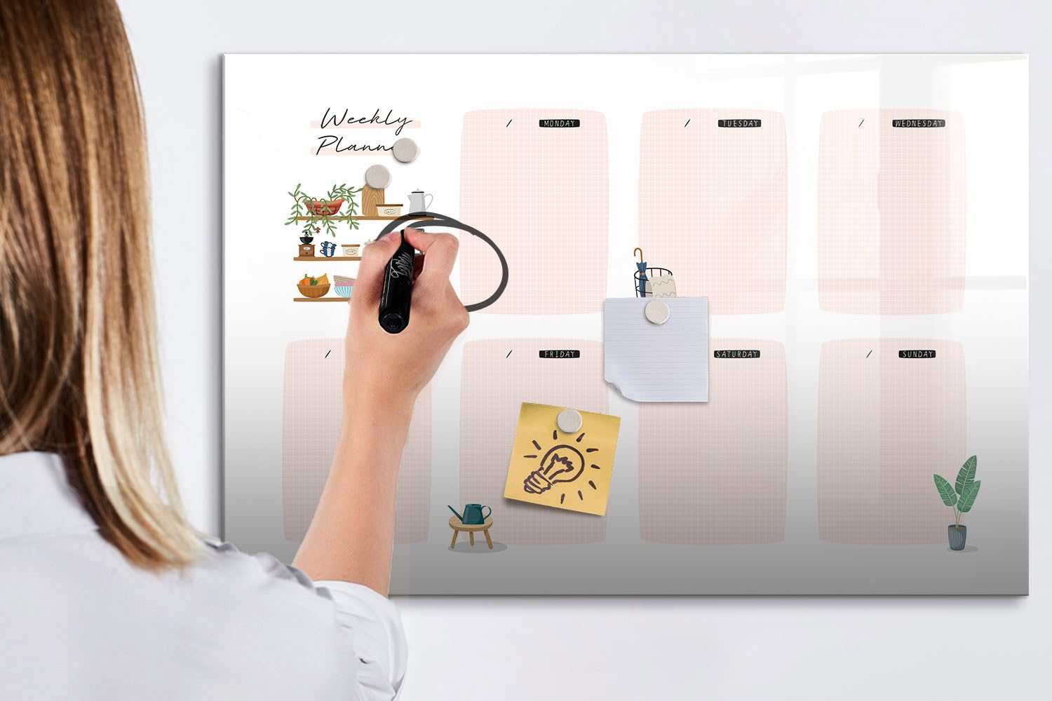 Lavagna Magnetica Elegante in Vetro | Include Magneti Ultra Forti, Pennarello e Gomma | Casa, Ufficio, Scuola e Studio - 90x60 - Agenda settimanale