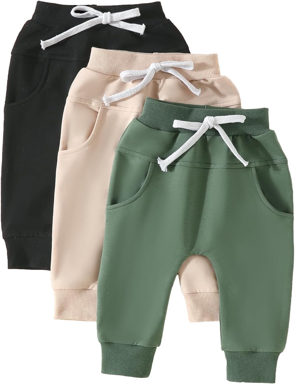 Toddler Baby Boys Pants 3 Pack Solid Color Fall Spring Sweatpants Baby Jogger Pants Khaki Brown Grey