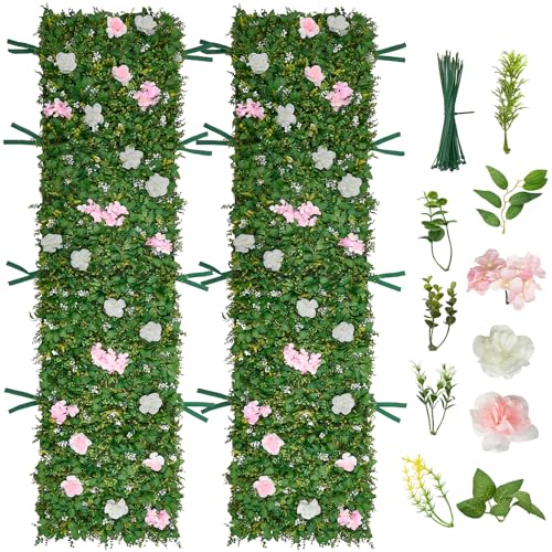 VEVOR Mur Végétal Artificiel 248,3x61 cm Haie Artificielle Lot de 2 Panneaux de Feuillage Artificiel avec Fleurs Brise Vue de Balcon pour Décoration, Mariage,...