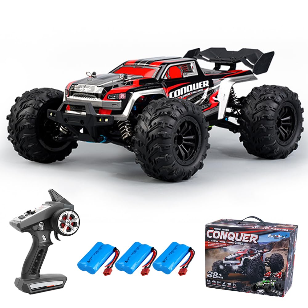16102 1:16 Voiture télécommandée, 2.4Ghz Moteur à balais de Carbone Course Tout-Terrain télécommandée à Grande Vitesse, 50km/h 4WD Voiture Jouet Tout-Terrain, 3 Piles (Rouge)