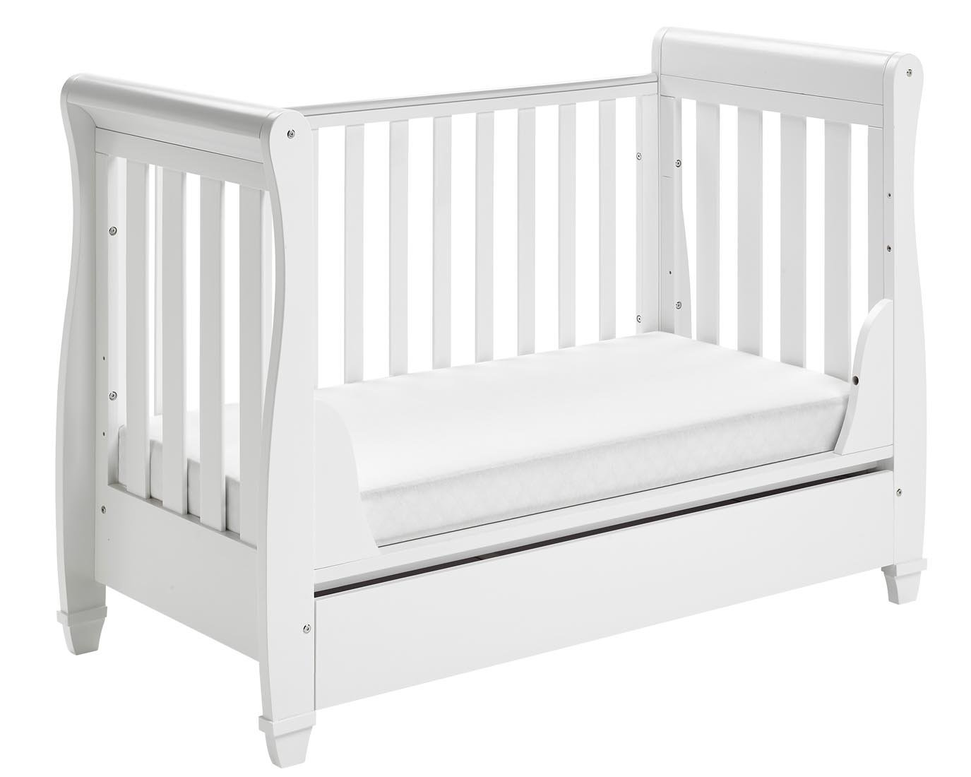 Babymore Eva Sleigh Cot Bed Drop Side with Drawer & Include Mattress Solid Pine Wood Babymore Eva Sleigh Cot Bed Drop Side with Drawer & Include Mattress Solid Pine Wood