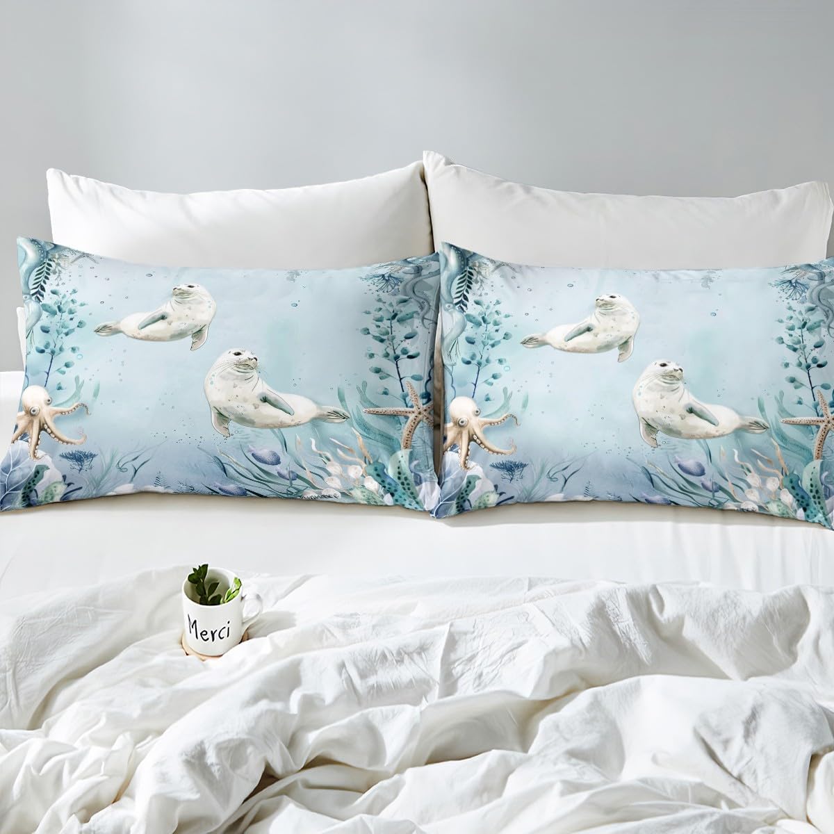 Seal Fitted Sheet Teal Blue Ocean Beach Coastal Twin Bed Sheets for Girls,Starfish Octopus Tentacles Sheets Underwater Creature Coral Bedding Set,Kawaii Fish Room Decor