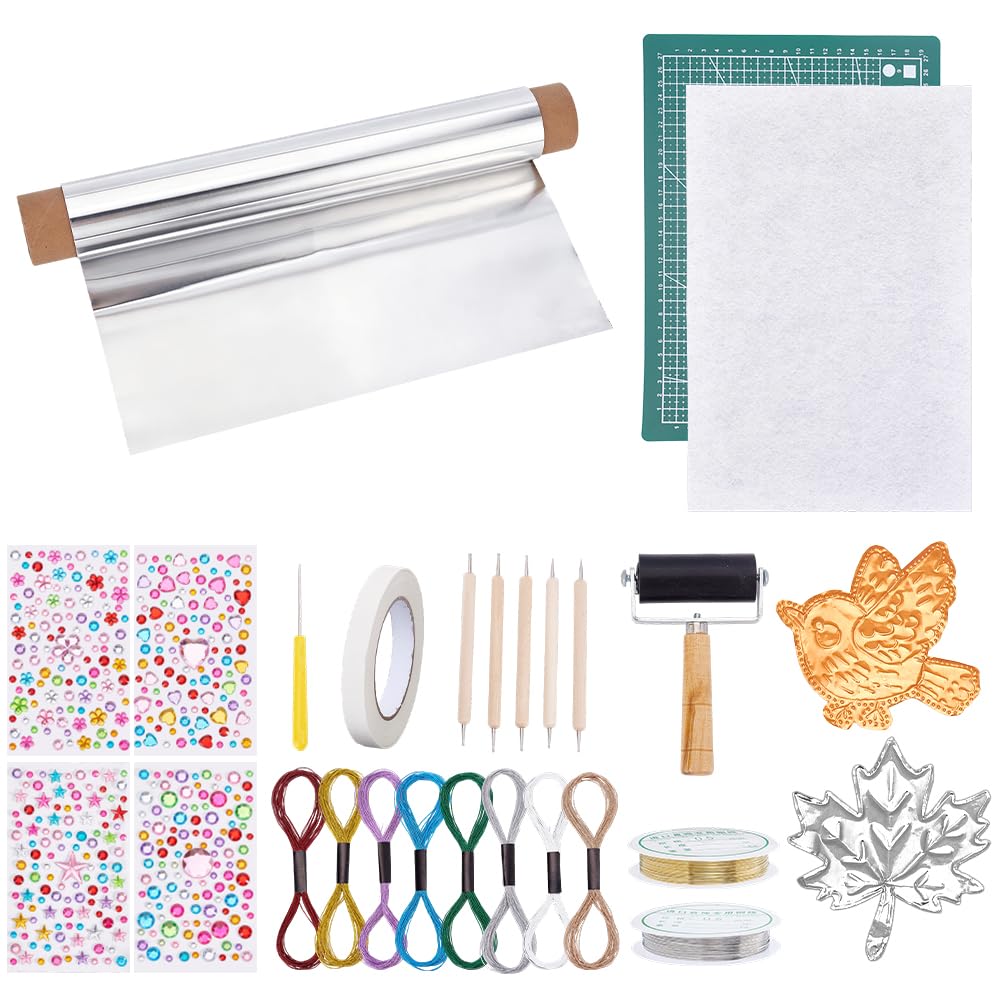 OLYCRAFT 23Pcs Tin Aluminum Art Paper Kit Metal Embossing Kit Include 8mx30cm Aluminum Embossing Foil Roll Tracing Paper Cardboard Awls Alloy Pens Blenders Tape for DIY Handcraft Supplies