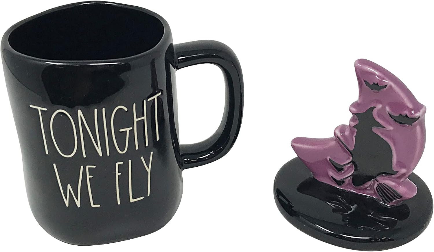 Rae Dunn Ceramic Halloween Mug with Decorative Lid (Tonight We Fly/Black/Purple)