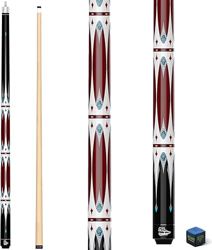 Miniatura 14 de Taco de billar de 58 pulgadas, 2 piezas con incrustaciones de espada geométrica, agarre sin envolver, eje de arce, punta de 0.512 in con tiza Azul