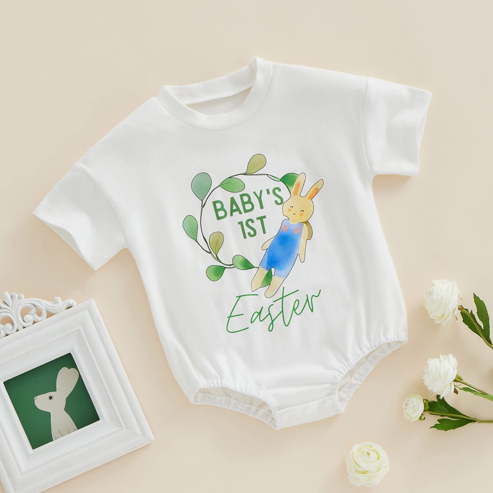 Baby Easter Outfit Newborn Girl Boy Bunny Letter Print Romper Tops Short Sleeve Shirt 1st Easter Summer Clothes (White Baby's 1st Easter,6-12 Months)
