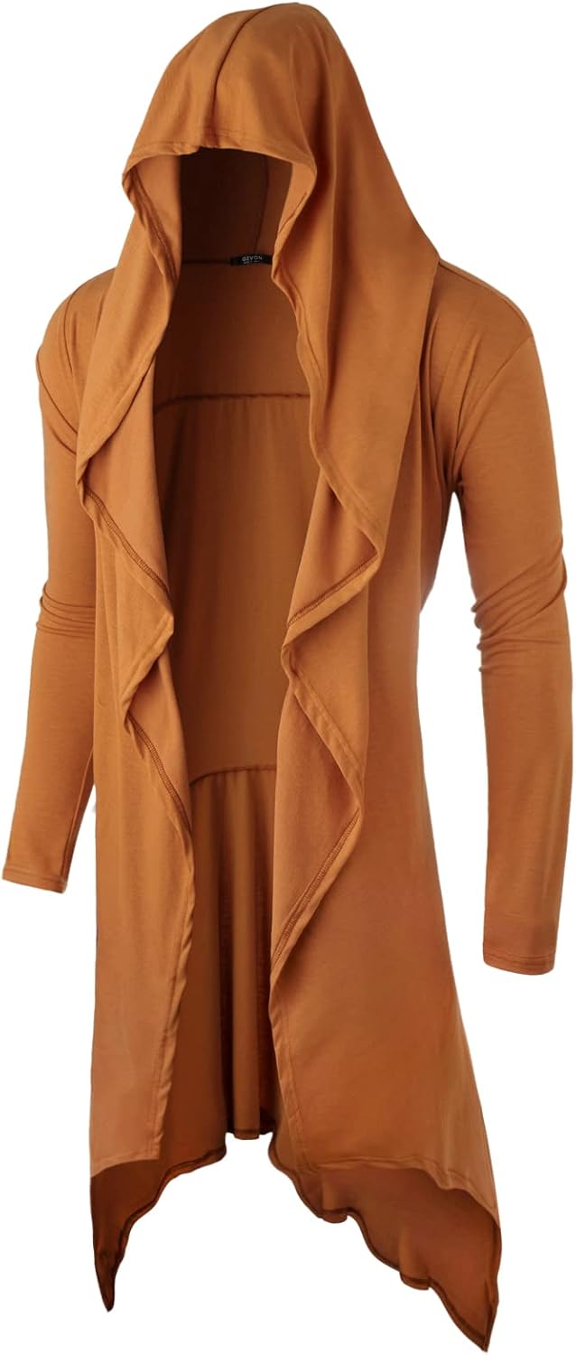 GIVON Mens Hooded Cardigan Ruffle Shawl Collar Drape Cape Overcoat with Pockets & Oversized Hood