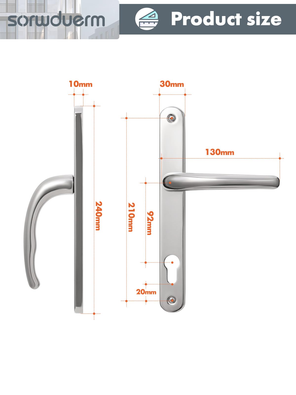 SORWDUERM Polished Chorme Door Handles Set 92mm PZ Centres 210mm Screw Hole Distance 240mm Backplate Length Replacement Door Lever for UPVC Composite Timber Door Stainless Steels - Image 2