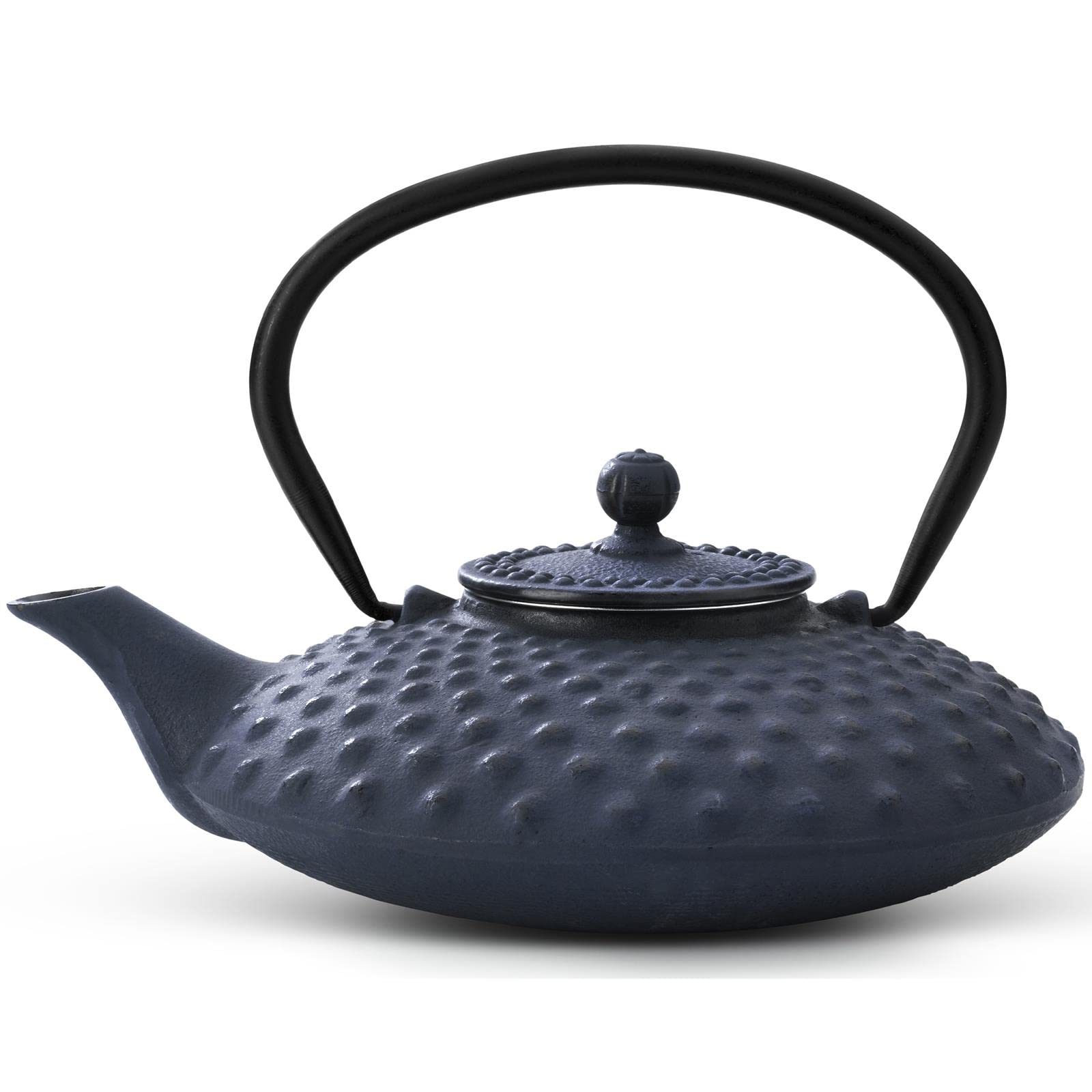 Bredemeijer Teekanne asiatisch Gusseisen Set blau 0.8 Liter mit Henkel & Edelstahl Tee-Filter Sieb-Einsatz für losen Tee & Untersetzer und Teebecher (4 Tassen)