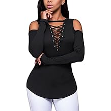 Women's Sexy V-Neck Cold Shoulder Long Sleeve Blouse Shirt Slim Lace-Up Ribbed Stretchy T-Shirt Top
