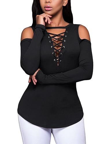 V-Neck Cold Shoulder Long Sleeve Shirt - Black