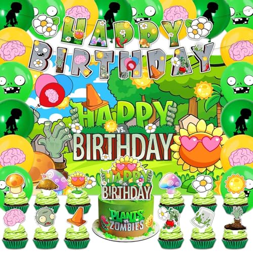 42Pack Plants Zombies Party decoration pack include Banner Honeycomb Centerpieces Cake Toppers Balloons for Birthdday Party Decoration (cx4)