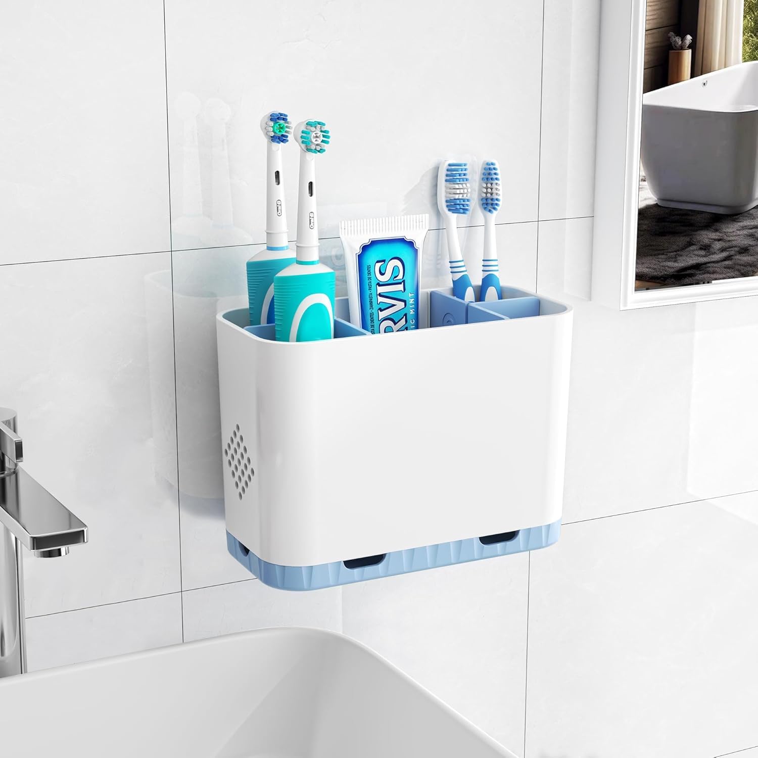 5 Slots Detachable Toothbrush Holder Set - for Bathroom Countertop, White and Blue