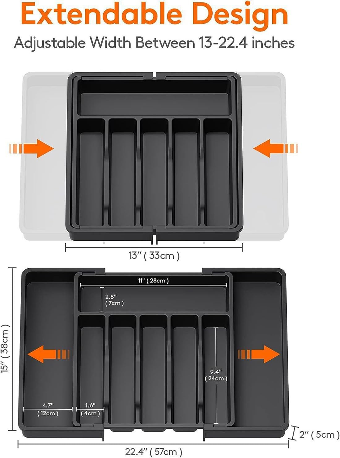 Cutlery Drawer Organiser, Expandable Drawer Organiser ，Tray with 6-8 Compartment Holders, 33-57 x 38 x 5 cm (black) — image 5
