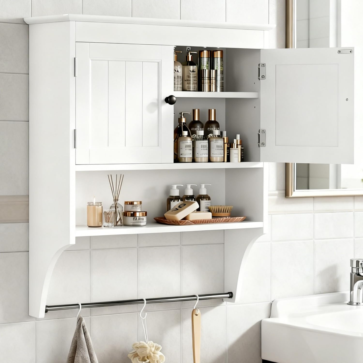 Bealife Bathroom Wall Cabinet with Towels Bar, Wall Mounted Medicine Cabinet with 2 Door and Adjustable Shelves, Space Saver Over Toilet Storage